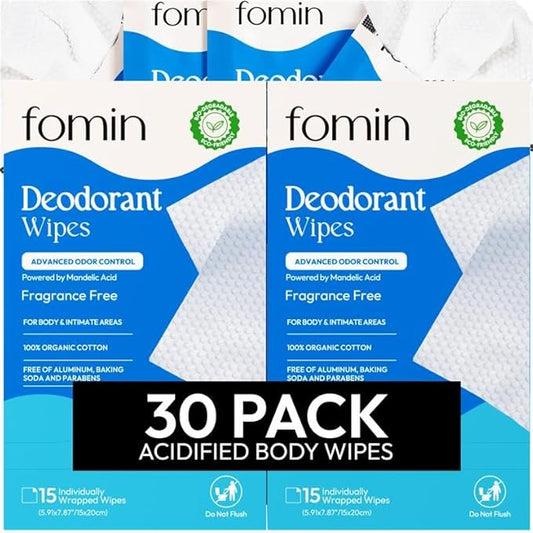 FOMIN Acidified Travel Deodorant Wipes For Women & Men - 30 Count - Fragrance Free - pH Balanced, Mini Deodorant Travel Size Wipes - Plastic-Free, Individually Wrapped Underarm Body Wipes