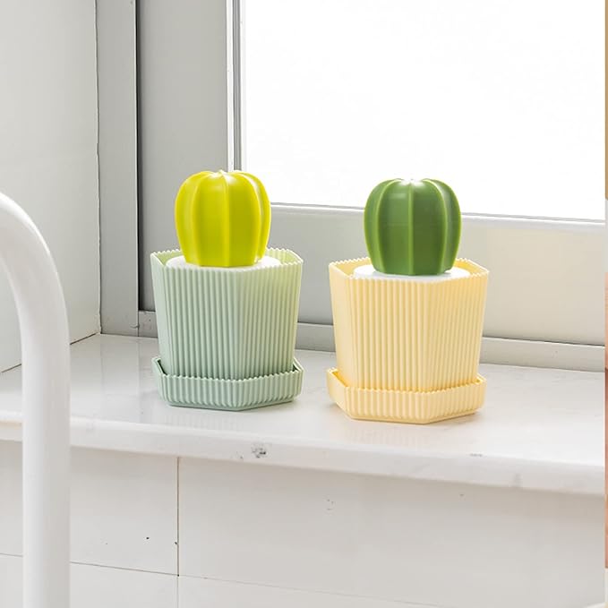 Cactus Mini Dish Brush Set with Drip Tray (3 Replacement Brushes), Durable Kitchen Cleaning Scrubbers for Plates, Pans, Pots, Sink (Green)