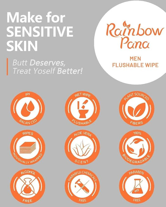 RainbowPana 120 Count Flushable Wipes for Men: ON-THE-GO, Individually Wrapped | Butt Wipes, Travel Wipes | Lightly Scented - Vitamin C, E, Aloe, Plant Extract | Hypoallergenic, Sensitive Skin