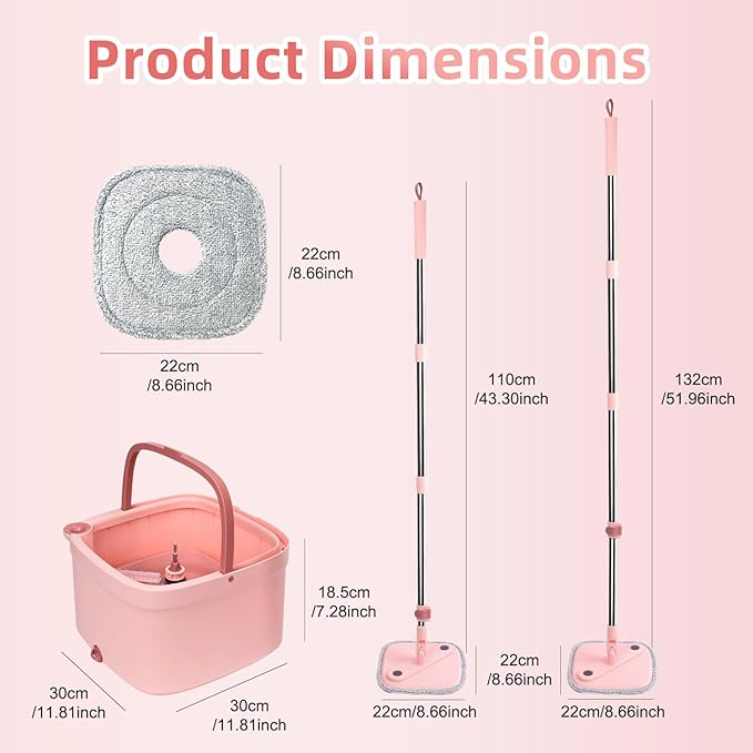 Spin Mop and Bucket Set with Self - Separation System, 360° Spinning Self - Wringing, Square Cleaning Mop and Bucket with Wringer - with Replaceable Mops (Pink Mop and Bucket Set with 2 Pads