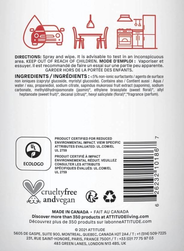 ATTITUDE All Purpose Cleaner, EWG Verified Multi-Surface Products, Vegan, Naturally Derived Multipurpose Cleaning Spray, Pink Grapefruit, 27.1 Fl Oz (Pack of 6)