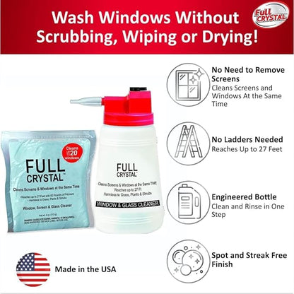 Full Crystal Kit - Bottle, Lid with Hose Attachment, and Two 4 oz. Crystal Powder Exterior Window Cleaner Packets for Glass and Screens (Cleans Up to 40 Windows)