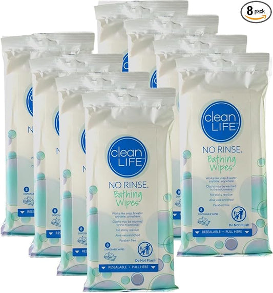 No-Rinse Bathing Wipes by Cleanlife Products (8 Pack), Premoistened and Alo Vera Enriched for Maximum Cleansing and Deodorizing - Microwaveable, Hypoallergenic, Rinse-Free and Latex-Free (8 Wipes)