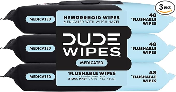 DUDE Wipes - Medicated Flushable Wipes - 3 Pack, 144 Wipes - Unscented Extra-Large Adult Wet Wipes - Medicated Witch Hazel - Septic and Sewer Safe