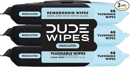 DUDE Wipes - Medicated Flushable Wipes - 3 Pack, 144 Wipes - Unscented Extra-Large Adult Wet Wipes - Medicated Witch Hazel - Septic and Sewer Safe
