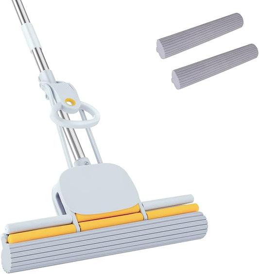 PVA Sponge Mops 60" Long Handle 15" Head with 2 Pads Sponge Mops for Floor Cleaning Squeeze with Wringer