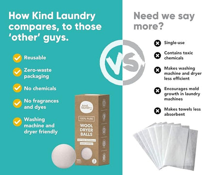 Kind Laundry - Wool Dryer Balls, Tavel Natural Dryer Balls, Pure New Zealand Wool Dryer Balls Laundry Essentials, Dryer Balls for Pet Hair Removal & Lint Collection, Pack of 3