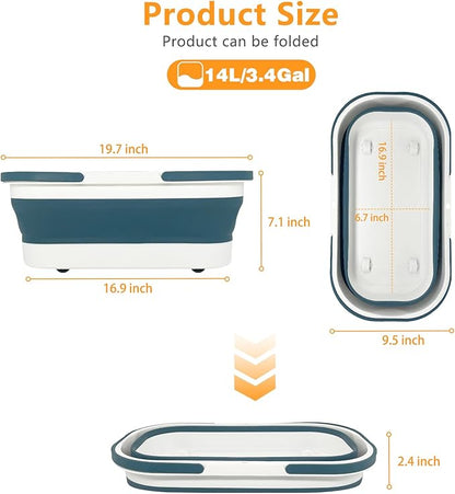 14L(3.7 Gallon) Collapsible Plastic Bucket with Wheels for House Cleaning, Multi-Purpose Rectangular Handy Basket for Cleaning Mop, Camping, RV (14L-Blue)