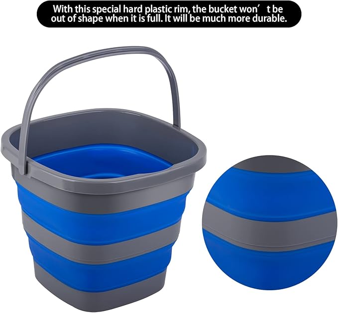 2 Pack Collapsible Plastic Bucket with 1.32 Gallon (5L) Each, Foldable Rectangular Tub for House Cleaning, Space Saving Outdoor Waterpot for Garden or Camping, Portable Fishing Water Pail