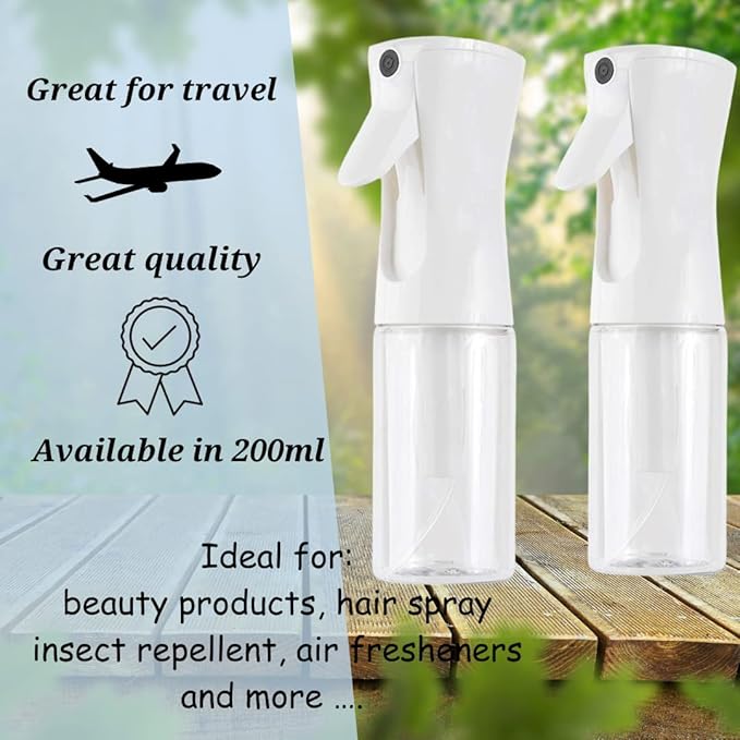 Continuous Spray Bottle for Hair - Empty Ultra Fine Water Mist Sprayer for Hairstyling, Salons, Cleaning, Plants, Misting & Skin Care(6.8OZ-2PACK, Clear)