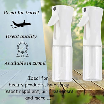 Continuous Spray Bottle for Hair - Empty Ultra Fine Water Mist Sprayer for Hairstyling, Salons, Cleaning, Plants, Misting & Skin Care(6.8OZ-2PACK, Clear)