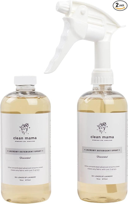 Clean Mama Laundry Detergent Spray & Pre-Treater - Natural Laundry Detergent Soap for Sensitive Skin - Eco-Friendly, HE Compatible - Unscented - 64+ Loads of Laundry, Starter + Refill, 16 oz Each