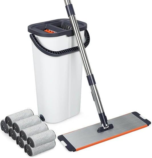 Easywring Washable Mop and Bucket with Wringer Set for Home, Durable and Sturdy Aluminum Flat Mop Head, 2-Chamber, Wet and Dry for All Surfaces, with 6 Reusable Microfiber Mop Pads 13 inch (16 Inch)