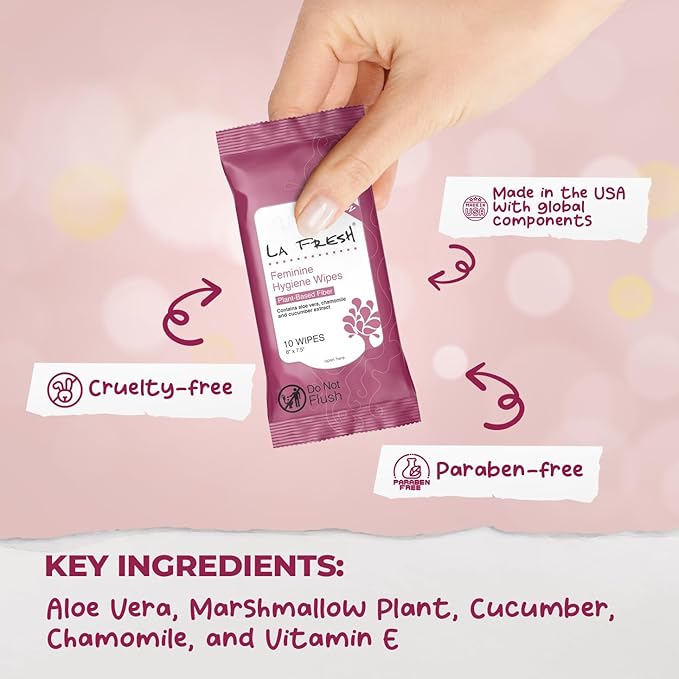 LA Fresh Feminine Wipes with Aloe Vera, Chamomile Extract, Cucumber, and Vitamin E, Pack of 3 10-count Pouches (30-count)