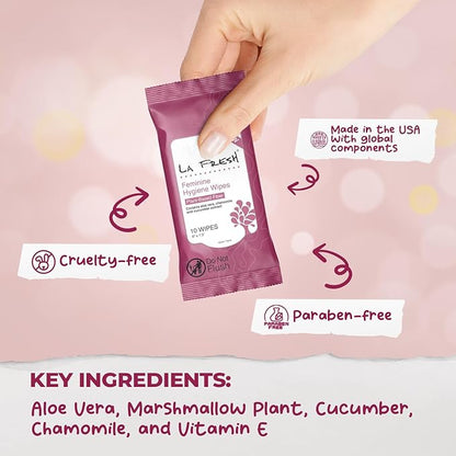 LA Fresh Feminine Wipes with Aloe Vera, Chamomile Extract, Cucumber, and Vitamin E, Pack of 3 10-count Pouches (30-count)