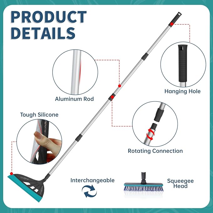 Magic Air Broom Household Silicone Broom for Floor Cleaning, Multifunctional Floor Squeegee with 60’’ Aluminum Adjustable Handle, Pet Hair for Glass, Fine Dust, Hair, Liquids (Gray)