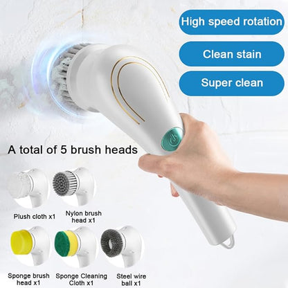 Cordless Electric Spin Cleaning Power Scrubber with 5 Replaceable Brush Heads，Handheld Shower Scrubber for Bathtub, Floor, Wall, Tile, Toilet, Window, Sink (White)