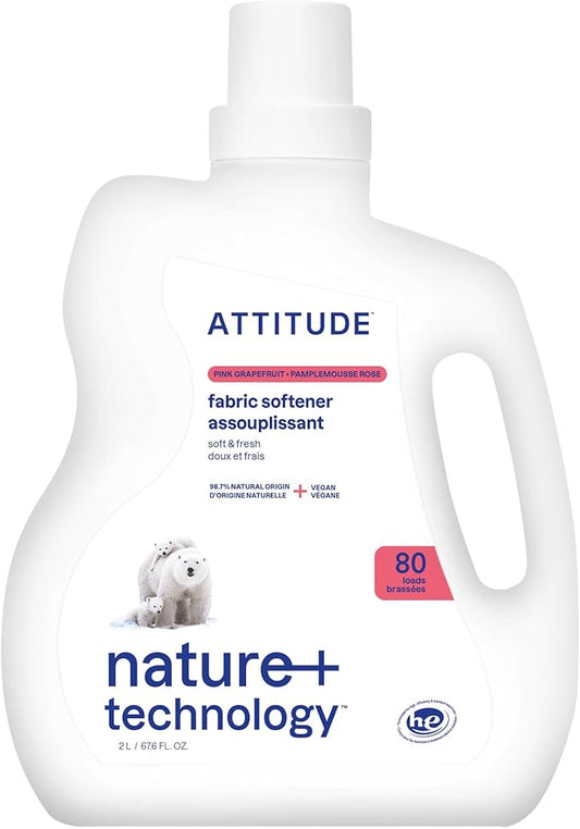 ATTITUDE Laundry Fabric Softener Liquid, Vegan and Naturally Derived Detergent, Plant Based, HE Washing Machine Compatible, Pink Grapefruit, 80 Loads, 67.6 Fl Oz