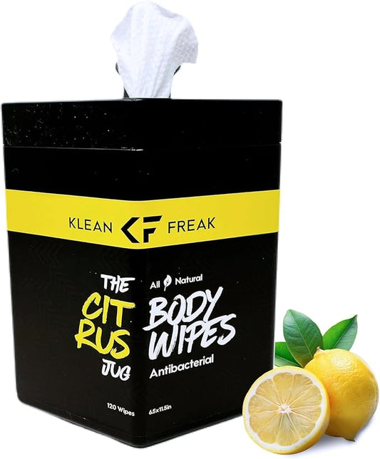 Body Wipes - for Face and Body, No Water, Wipe Away Sweat and Odor, Large Textured, Travel, Gym, Camping and More, 120 Cnt Jug (Citrus)