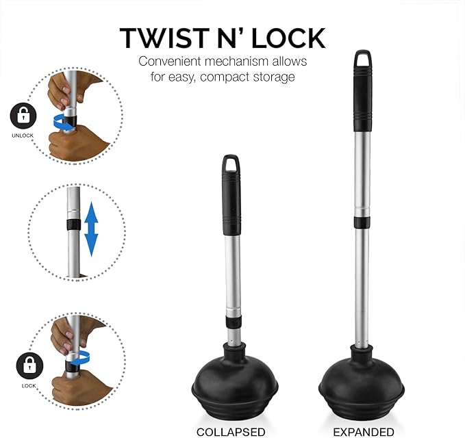 NEIKO 60168A Toilet Plunger Set, 4 Piece, Bonus Mini Sink & Drain Plunger, Toilet Bowl Brush & Caddy, Patented All-Angle Design, Telescopic Aluminum Handle, Bathroom Toilet Brush and Plunger Set