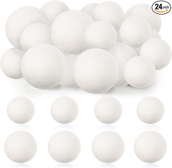 24 Pack Wool Dryer Balls, 3.15'', 2.4'' Reusable Laundry Balls Wool Balls Natural No Lint Fabric Softener Balls for Clothing Wrinkles (White)