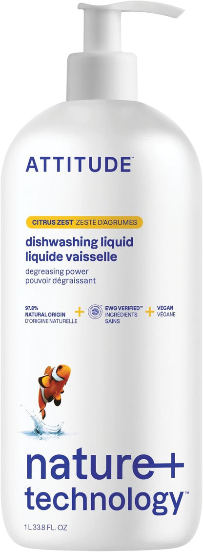 ATTITUDE Dishwashing Liquid, EWG Verified, Vegan Dish Soap, Plant Based, Naturally Derived Products, Citrus Zest, 33.8 Fl Oz