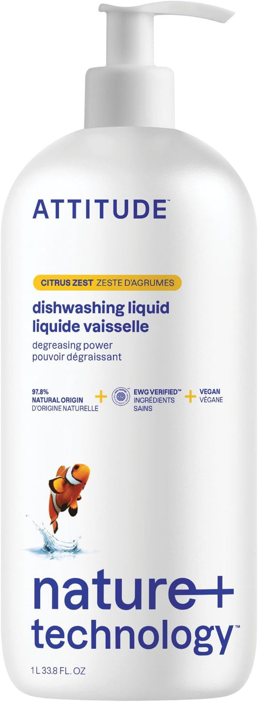 ATTITUDE Dishwashing Liquid, EWG Verified, Vegan Dish Soap, Plant Based, Naturally Derived Products, Citrus Zest, 33.8 Fl Oz