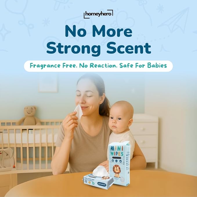 Mini Wet Wipes - Alcohol & Fragrance Free, Safe for Babies & Kids - 16 Bags Total 128 Wipes (Sky Lion)