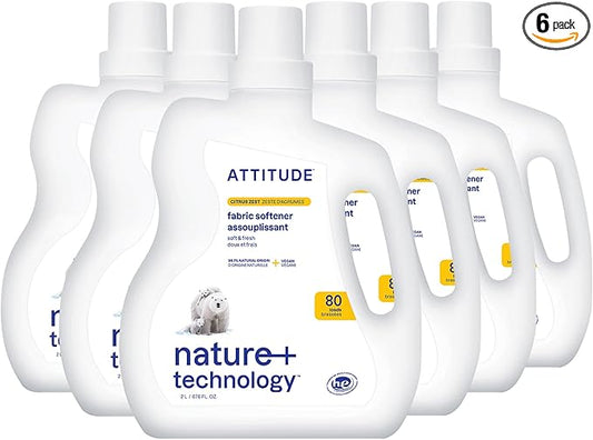 ATTITUDE Laundry Fabric Softener Liquid, Vegan and Naturally Derived Detergent, Plant Based, HE Washing Machine Compatible, Citrus Zest, 80 Loads, 67.6 Fl Oz (Pack of 6)