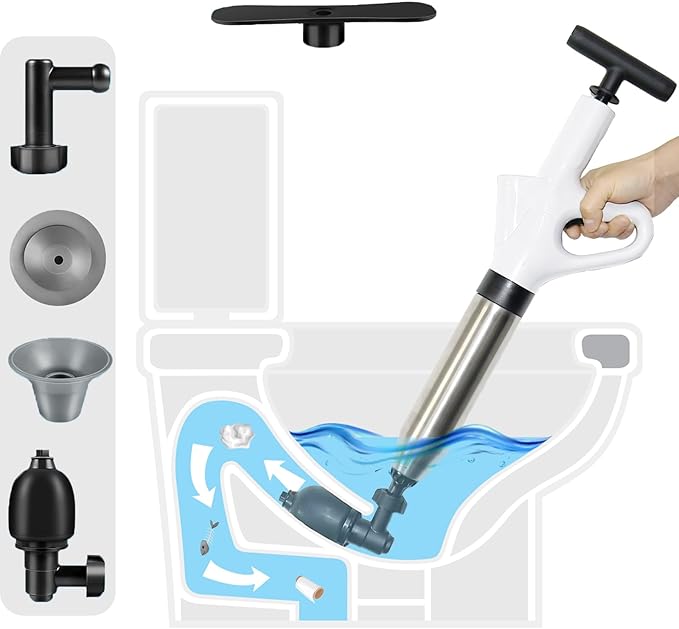 High Pressure Air Drain Gun with Real Time Barometer, Toilet Plunger Kit for Toilets, Floor Drains, Sewers, Pipes, Kitchen Sinks, Bathroom Dredges