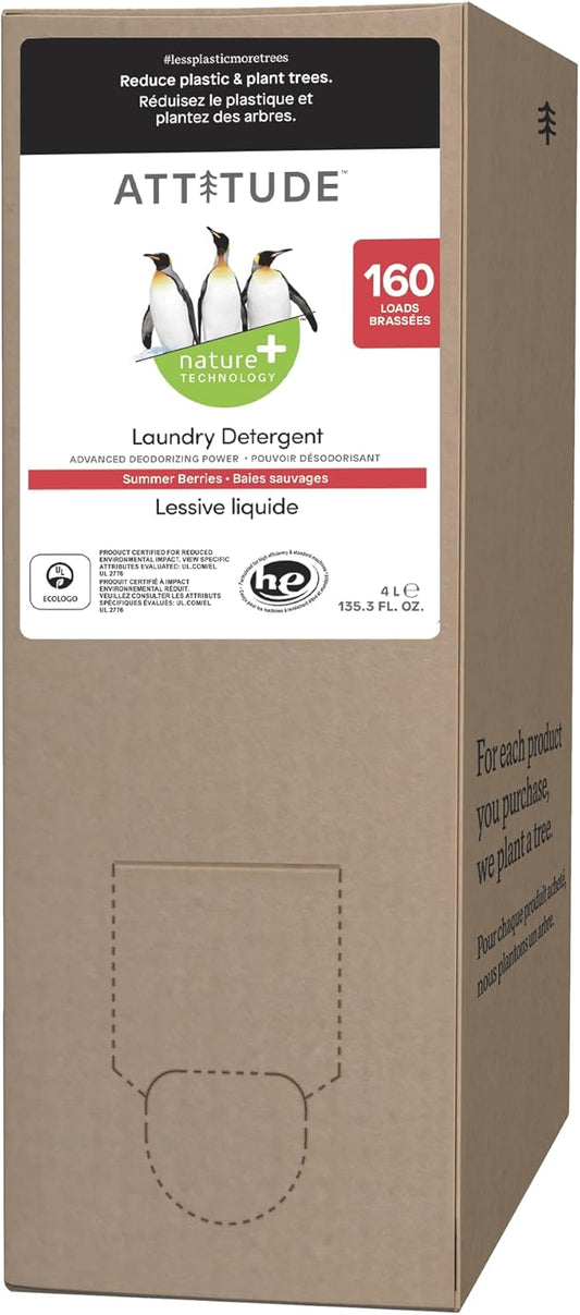 ATTITUDE Liquid Laundry Detergent, EWG Verified Laundry Soap, HE Compatible, Vegan and Plant Based Products, Cruelty-Free, Summer Berries, Bulk Refill, 160 Loads, 135.26 Fl Oz