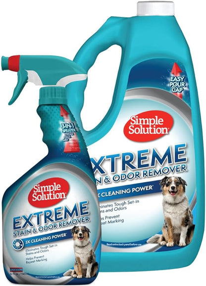Simple Solution Extreme Pet Stain and Odor Eliminator Spray, Pee Stain Remover, Enzyme Cleaner, 3X Pro-Bacteria Cleaning Power, Dog Odor Remover, 32 oz and Gallon