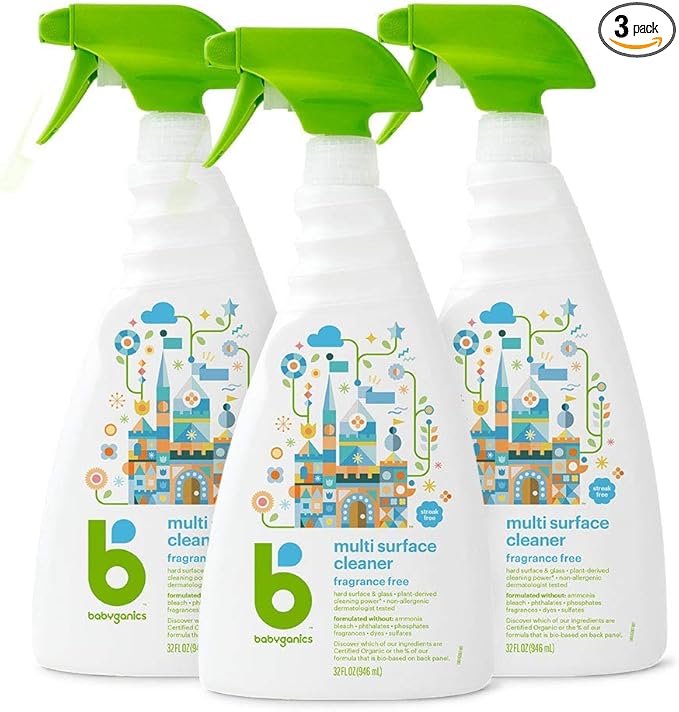 Babyganics Multi Surface Cleaner, Fragrance Free, For Hard Surfaces, Glass, Stainless Steel, Tiles, and Walls, 32 Fl Oz Spray Bottle (Pack of 3)