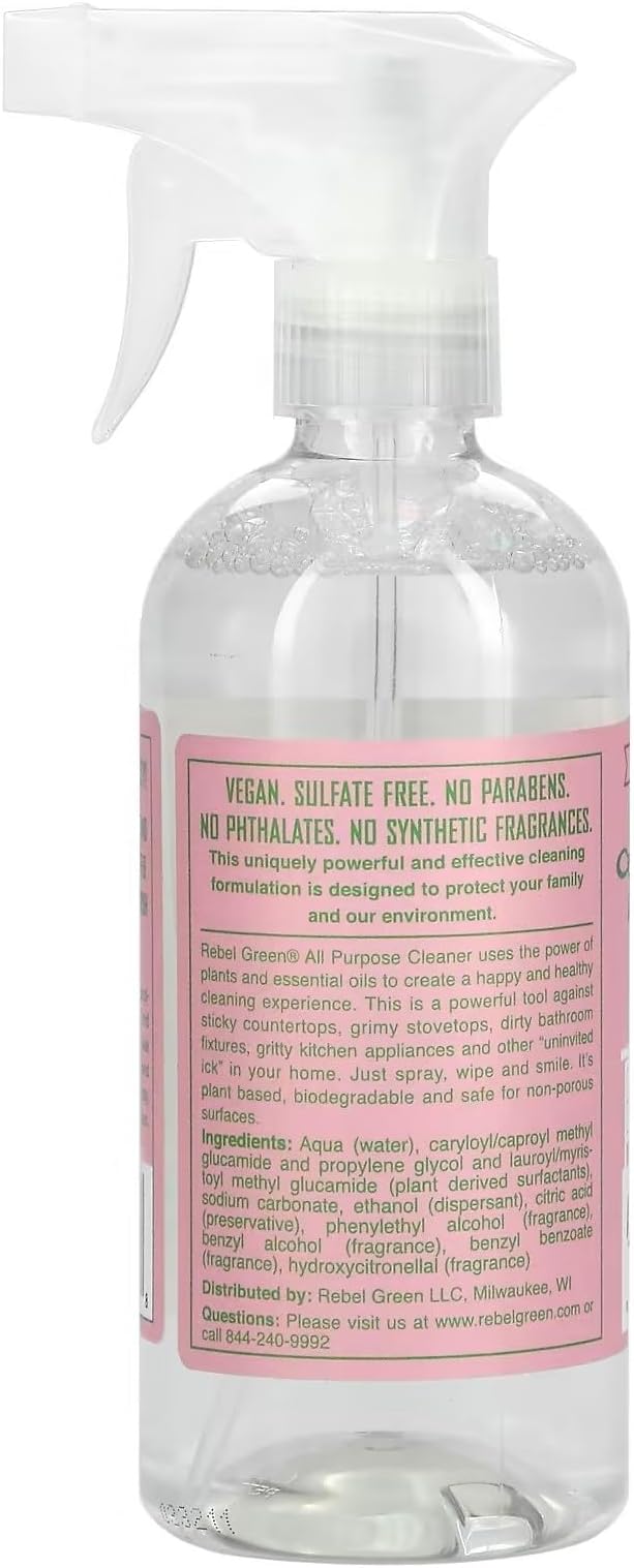 Rebel Green Natural All-Purpose Cleaning Spray - Essential Oil Multi-Surface Cleaner - Kid Safe, Pet Safe & Sustainable Cleaning Products - Pink Lilac (16 Ounce Bottles, 2 Pack)