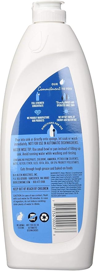 Biokleen Dish Liquid Soap, Dishwashing, Hand Moisturizing, Eco-Friendly, Non-Toxic, Plant-Based, No Artificial Fragrance, Colors or Preservatives, Citrus & Aloe, 25 Ounces (Pack of 6)