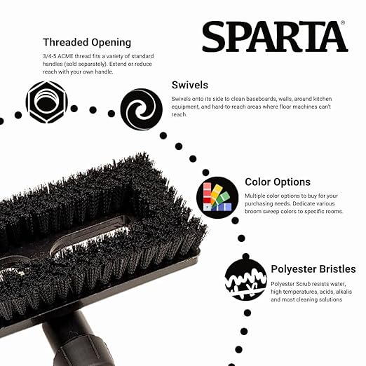 SPARTA 3638831EC03 Polyester Rectangle Scrub Brush, Floor Brush, Cleaning Brush With Swivel Head For Cleaning, 8 Inches, Black