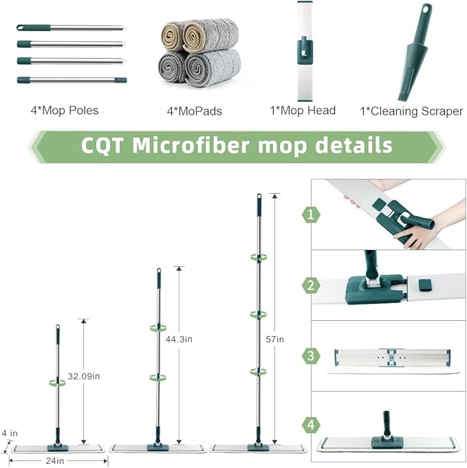 CQT Commercial Flat Microfiber Floor Mop Cleaning System 24" Inch Wet Dry and Dust Hardwood with 4 Washable Pads Cleaner for Laminate Tile Stainless Steel Handle and Extension (PT14 Green)