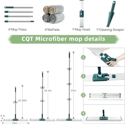 CQT Commercial Flat Microfiber Floor Mop Cleaning System 24" Inch Wet Dry and Dust Hardwood with 4 Washable Pads Cleaner for Laminate Tile Stainless Steel Handle and Extension (PT14 Green)