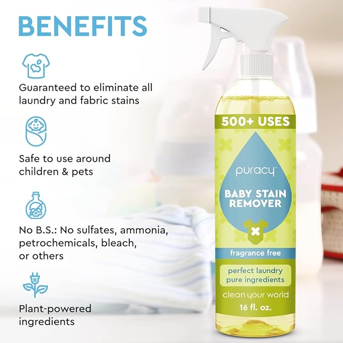 Puracy Stain Remover for Baby Clothes and Cloth Diapers, Newborn Baby Essentials Must Haves, Enzyme-Based Laundry Spray, Natural Spot and Odor Cleaner, 16 Oz