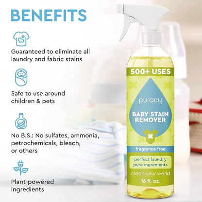 Puracy Stain Remover for Baby Clothes and Cloth Diapers, Newborn Baby Essentials Must Haves, Enzyme-Based Laundry Spray, Natural Spot and Odor Cleaner, 16 Oz