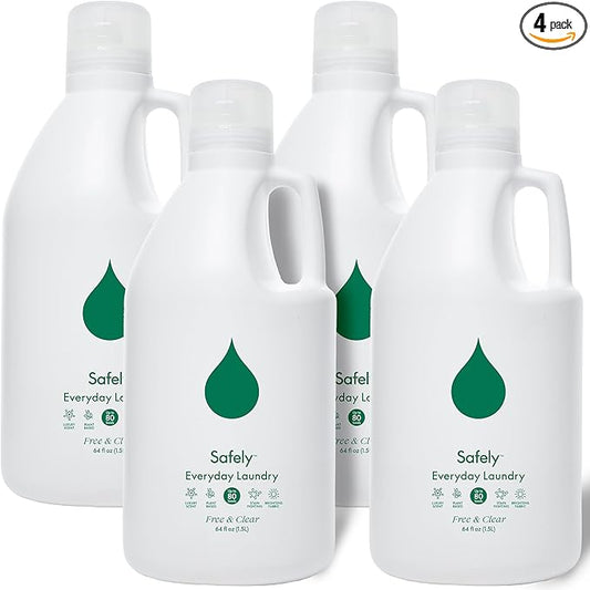 Safely Everyday Laundry Detergent Liquid Soap,Free & Clear 4 Pack–Plant Powered,Highly Concentrated-Fight Stains & Wash Away Dirt, Impurities While Preserving Colors, Gentle On Skin, 64 fl oz Each