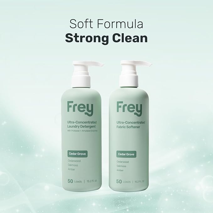 FREY Laundry Care Bundle: Concentrated Detergent & Fabric Softener, Cedar Grove Scent, HE-Compatible, Eco-Friendly