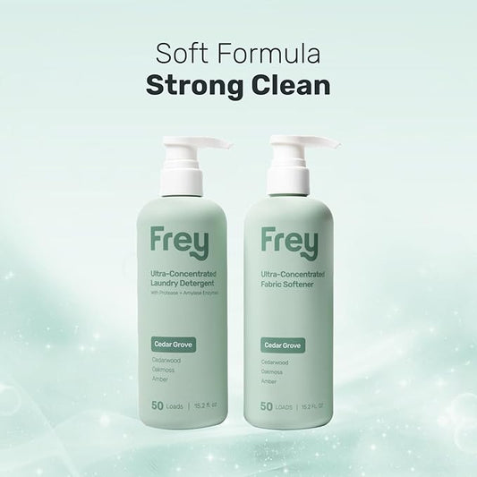 FREY Laundry Care Bundle: Concentrated Detergent & Fabric Softener, Cedar Grove Scent, HE-Compatible, Eco-Friendly