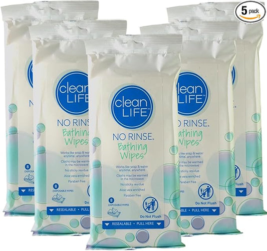 No-Rinse Bathing Wipes by Cleanlife Products (5 Pack), Premoistened and Aloe Vera Enriched for Maximum Cleansing and Deodorizing - Microwaveable, Hypoallergenic and Latex-Free (8 Wipes)