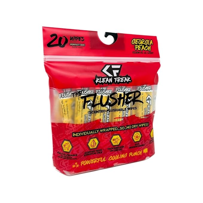 THE KLEAN FREAK FLUSHER - Flushable Wipes For Adults & Kids - 100% BIODEGRADABLE Individual Wrapped Travel WET Wipe for Toilet - Soothing Aloe & Witch Hazel - Alcohol Free 20 Pack -Georgia Peach