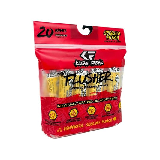 THE KLEAN FREAK FLUSHER - Flushable Wipes For Adults & Kids - 100% BIODEGRADABLE Individual Wrapped Travel WET Wipe for Toilet - Soothing Aloe & Witch Hazel - Alcohol Free 20 Pack -Georgia Peach
