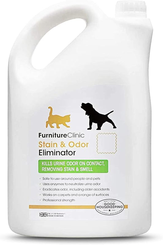 Furniture Clinic Stain & Odor Eliminator | Pee & Vomit Smell Removal for Dog, Cat, Pet and Human Messes & Accidents | Enzyme Activated Spray | Use on Furniture, Carpet, Mattresses & More (5L / 169 Oz)