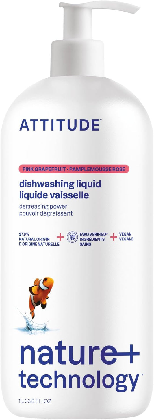 ATTITUDE Dishwashing Liquid, EWG Verified, Vegan Dish Soap, Plant Based, Naturally Derived Products, Pink Grapefruit, 33.8 Fl Oz