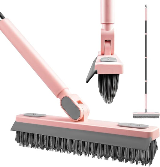 Floor Scrub Brush with Long Handle 58'’ Telescopic Handle 2 in 1 Scrape Brush, V-Shaped Corner Stiff Bristle Floor Scrubber with Squeegee for Cleaning Shower Bathroom Garage Kitchen Wall Tub Deck Tile