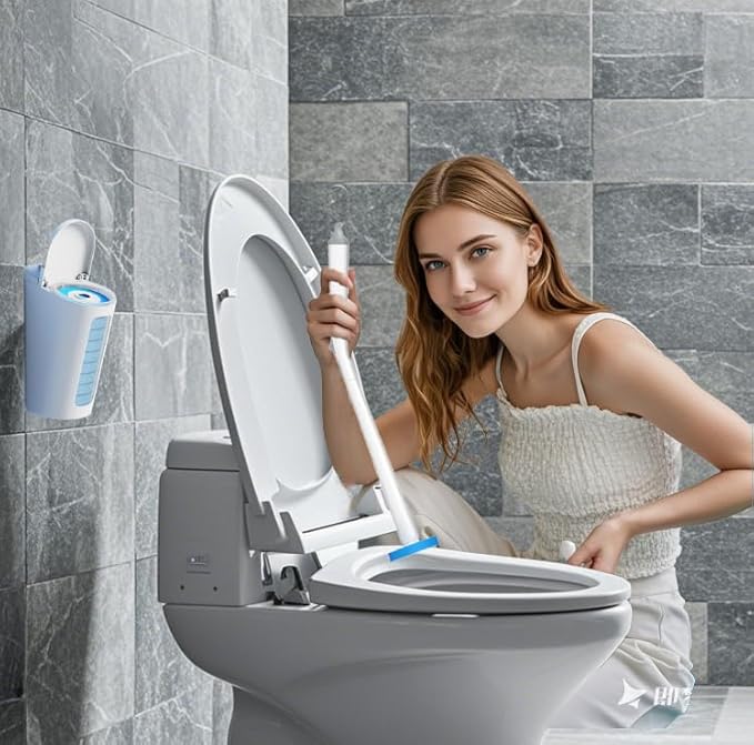 Disposable Toilet Bowl Cleaner Wand Set - Automatic Opening, Storage Box, 30 Refills, Silicone Brush, RV Toilet Bowl (Blue)